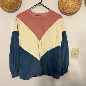 Corduroy sweatshirt, pink, white, and blue